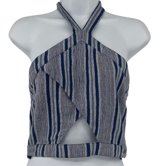 Roxy Bandeau Crop Halter Womens Top Sz L Boho Coastal Y2K Beach Smocked Striped - Picture 1 of 12
